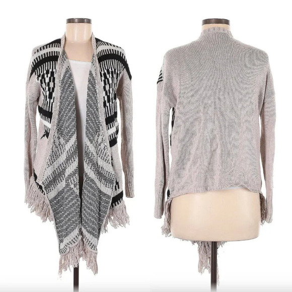 American Eagle Open Fringe Cardigan Knit Sweater Tan Black Size Medium Boho Long - Picture 1 of 9